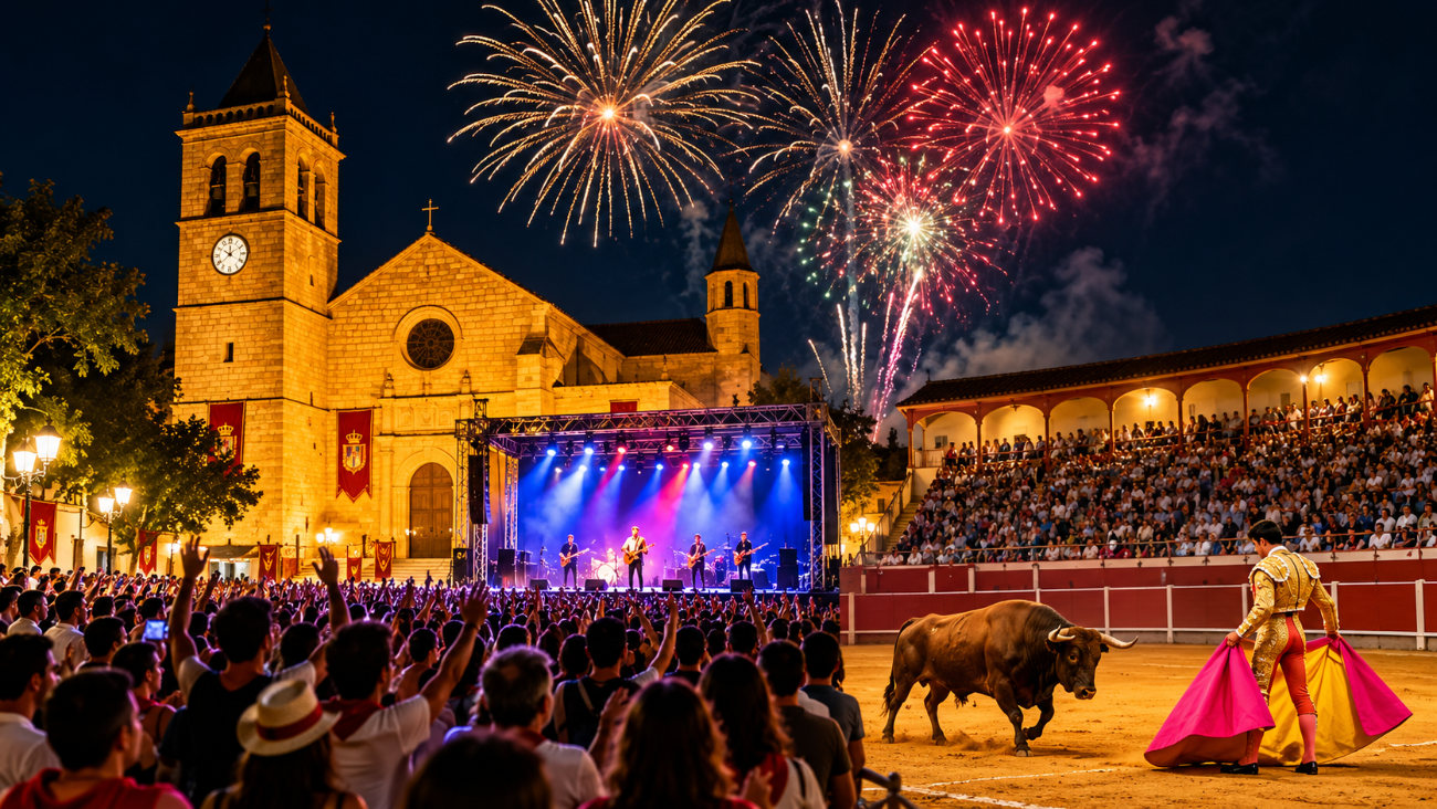 Ilustración nocturna de las fiestas patronales de Colmenar Viejo, con la Basílica de la Asunción, fuegos artificiales, música y tradición taurina.