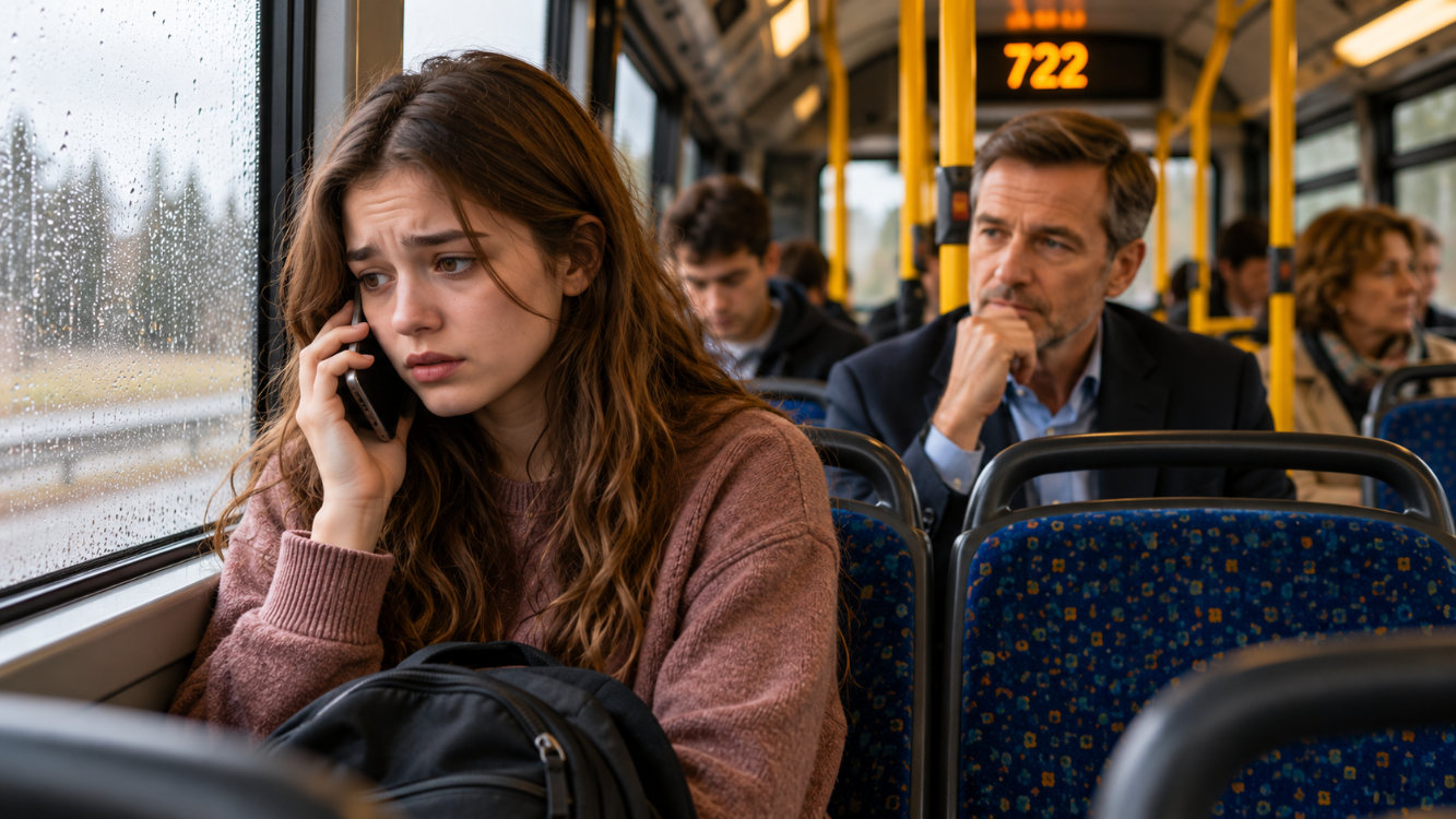 Una joven preocupada habla por teléfono junto a la ventanilla del autobús 722, mientras Diego observa discretamente desde los asientos posteriores.